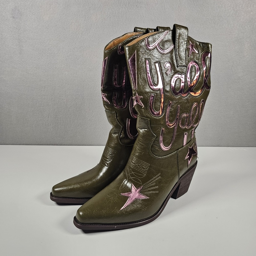 HOCHFART Womens 8.5 Y'all Western Cowboy Boots Metallic Olive Pink Pointed Toe